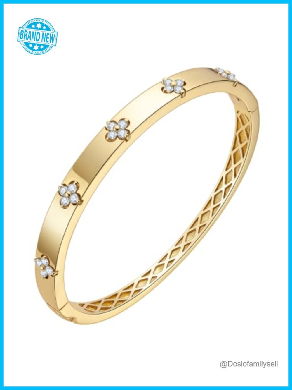 Moissanite 14K Gold Plated Clover Bangle Bracelet Hypoallergenic